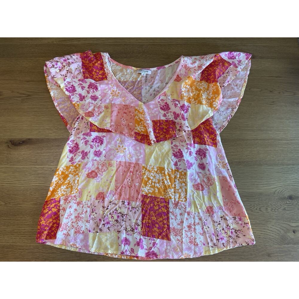 Andree by Unit Women's Floral Ruffle V-Neck Sleeveless Blouse Size Large